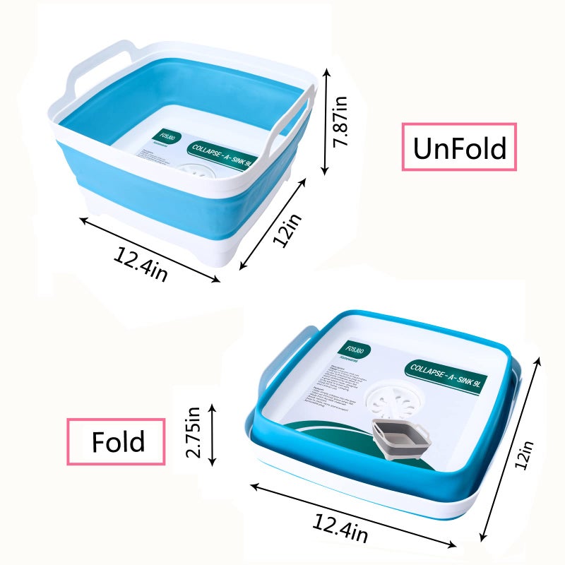 FOSJGO Dish Basin Collapsible with Drain Plug Carry Handles for 9 L Capacity, Collapsible Sink Tub, Dish Wash Basin, Portable Dish Tub, Foldable Dishpan for Camping Dish Washing Tub and RV Sink - Image 4